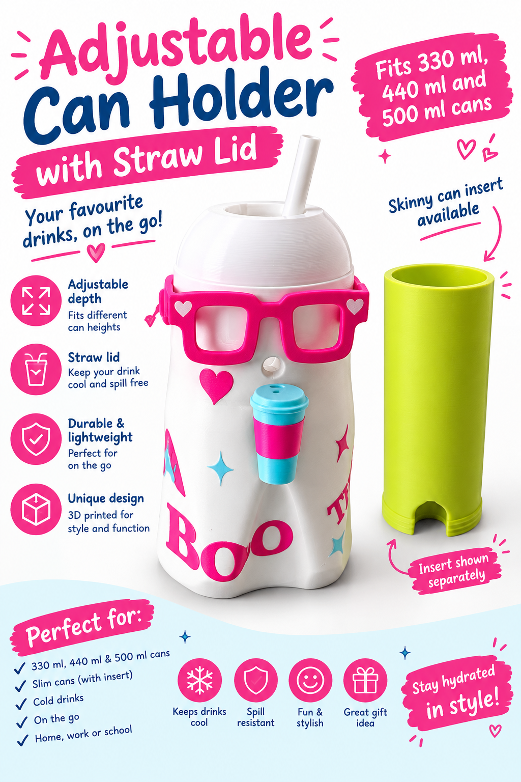 Adjustable Can Holder with Straw Lid — Digital 3D File